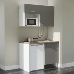Kitchenette K07 - 120 cm - Façades : Gris - Plan de travail : Bois - Crédences : Non - Evier Inox