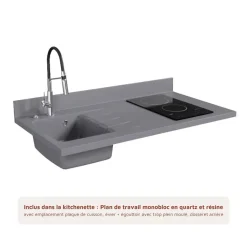 Kitchenette K02 - 120 cm - façades Blanc - Plan monobloc en quartz coloris Cromo évier à gauche - Electroménager Blanc