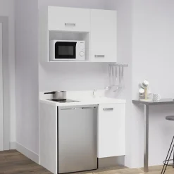 Kitchenette K00 - 100 cm - façades Blanc - Plan monobloc en quartz coloris Snova évier à droite