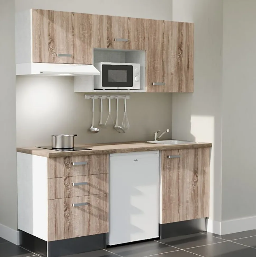 Kitchenette K20 - 180 cm - Façades : Bois - Plan de travail : Bois - Crédences : Non - Evier