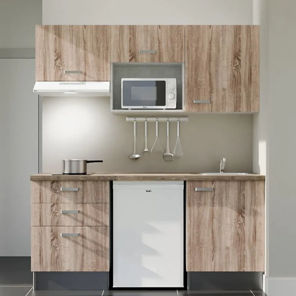 Kitchenette K20 - 180 cm - Façades : Bois - Plan de travail : Bois - Crédences : Non - Evier