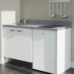 Kitchenette K17 - 140 cm - façades Blanc - Plan monobloc en quartz coloris Cromo évier à gauche - Electroménager Blanc