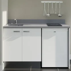 Kitchenette K17 - 140 cm - façades Blanc - Plan monobloc en quartz coloris Cromo évier à gauche - Electroménager Blanc