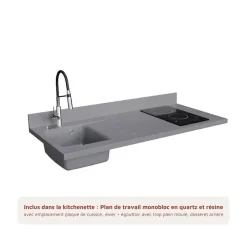 Kitchenette K17 - 140 cm - façades Blanc - Plan monobloc en quartz coloris Cromo évier à gauche - Electroménager Blanc