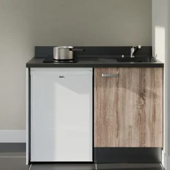Kitchenette K08 - 120 cm - façades Bois - Plan monobloc en quartz coloris Nero évier à droite - Electroménager Blanc