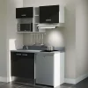 Kitchenette K13 - 140 cm - façades Noir - Plan monobloc en quartz coloris Cromo évier à gauche - Electroménager Inox