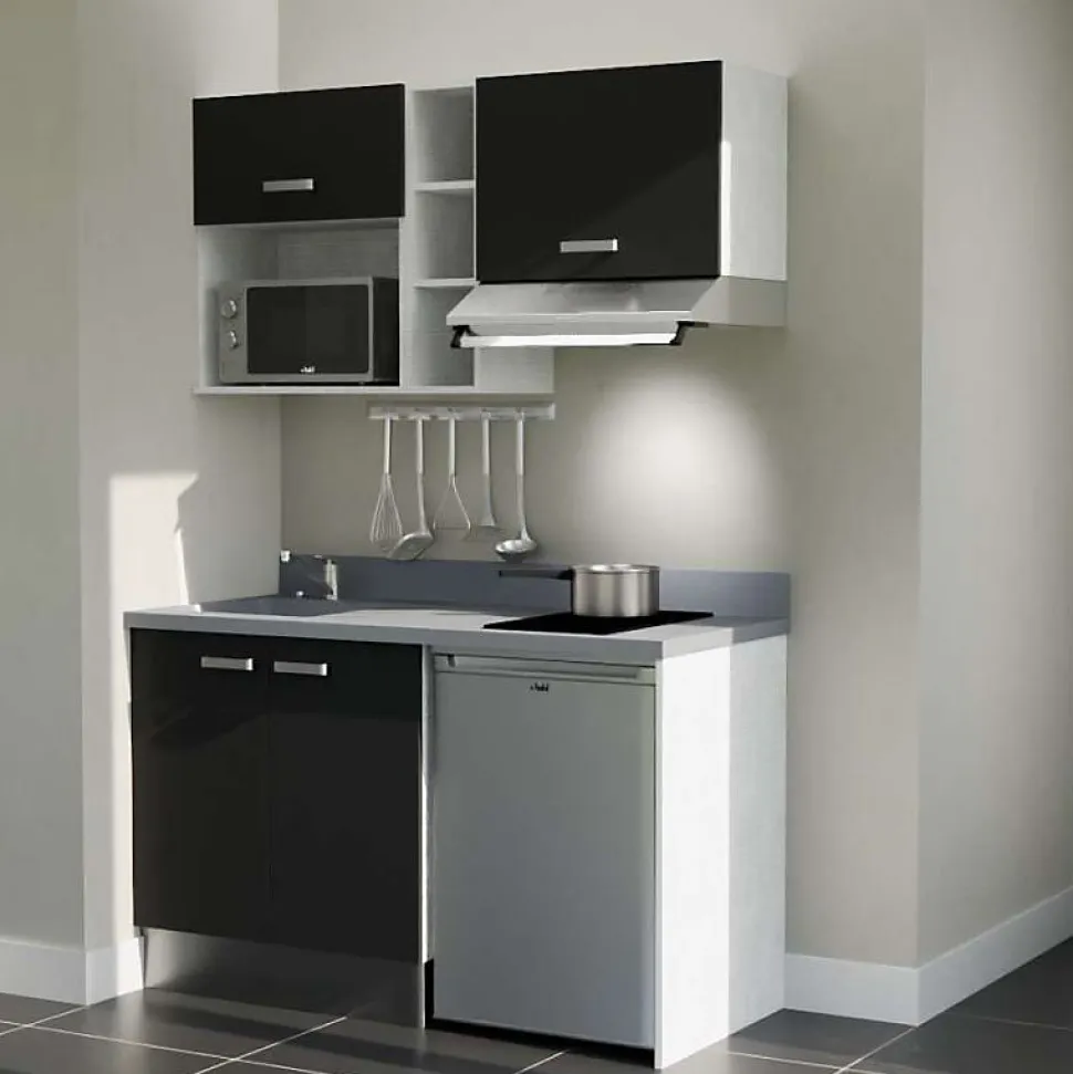 Kitchenette K13 - 140 cm - façades Noir - Plan monobloc en quartz coloris Cromo évier à gauche - Electroménager Inox