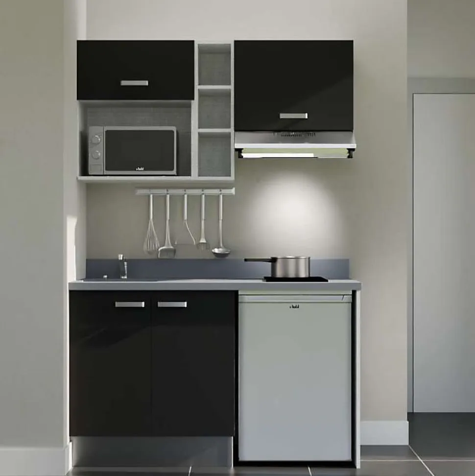 Kitchenette K13 - 140 cm - façades Noir - Plan monobloc en quartz coloris Cromo évier à gauche - Electroménager Inox