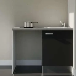 Kitchenette K08 - 120 cm - Façades : Noir - Plan de travail : Gris béton - Crédences : Non - Evier Inox