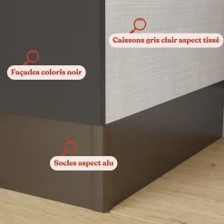 Kitchenette K08 - 120 cm - Façades : Noir - Plan de travail : Gris béton - Crédences : Non - Evier Inox