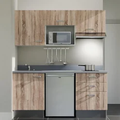 Kitchenette K20 - 180 cm - façades Bois - Plan monobloc en quartz coloris Cromo évier à gauche - Electroménager Inox