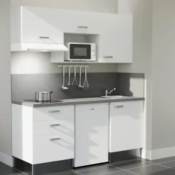 Kitchenette K20 - 180 cm - Façades : Blanc - Plan de travail : Gris - Crédences : Oui - Evier