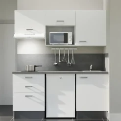 Kitchenette K20 - 180 cm - Façades : Blanc - Plan de travail : Gris - Crédences : Oui - Evier