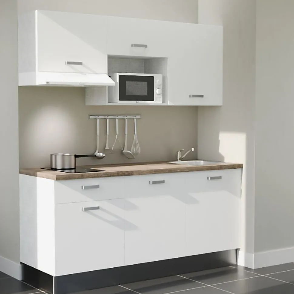 Kitchenette K30 - 180 cm - Façades : Blanc - Plan de travail : Bois - Crédences : Non - Evier
