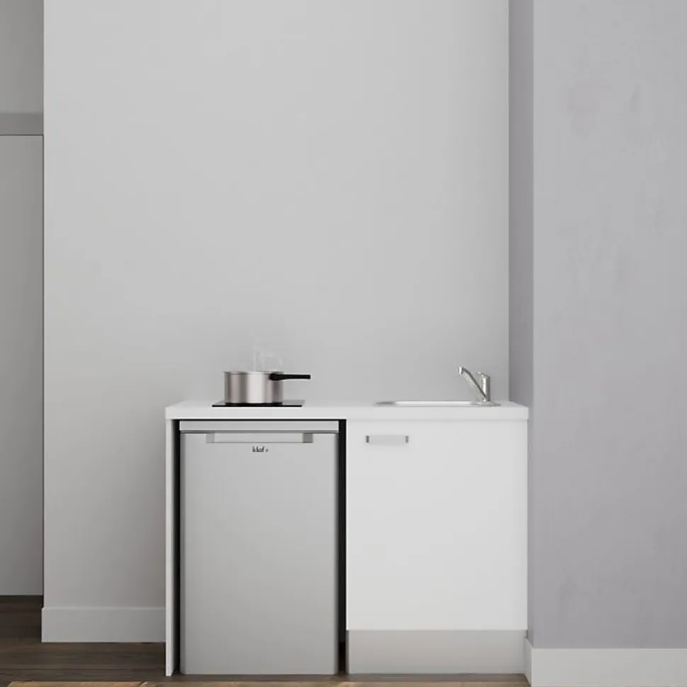 Kitchenette K08 - 120 cm - Façades : Blanc - Plan de travail : Blanc - Crédences : Non - Evier Inox