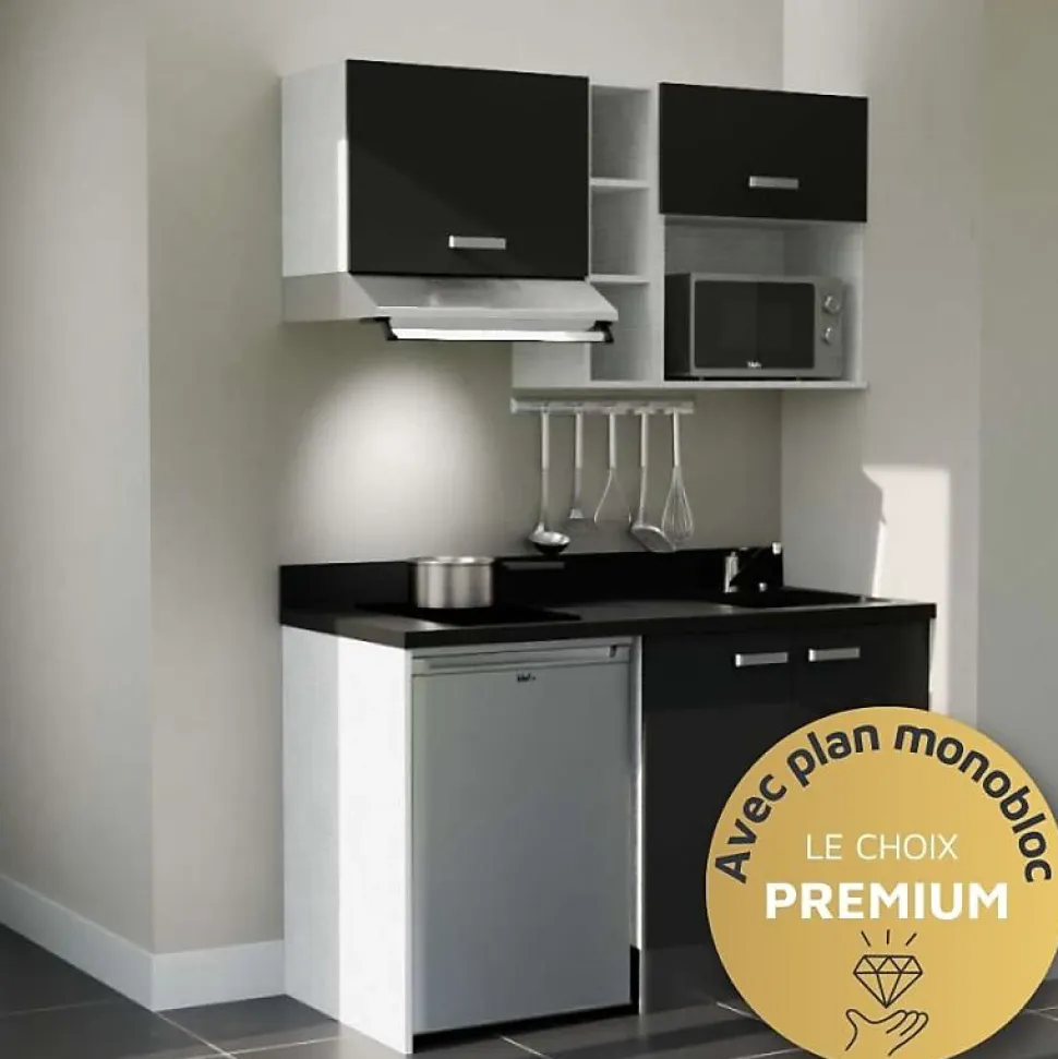 Kitchenette K13 - 140 cm - façades Noir - Plan monobloc en quartz coloris Nero évier à droite