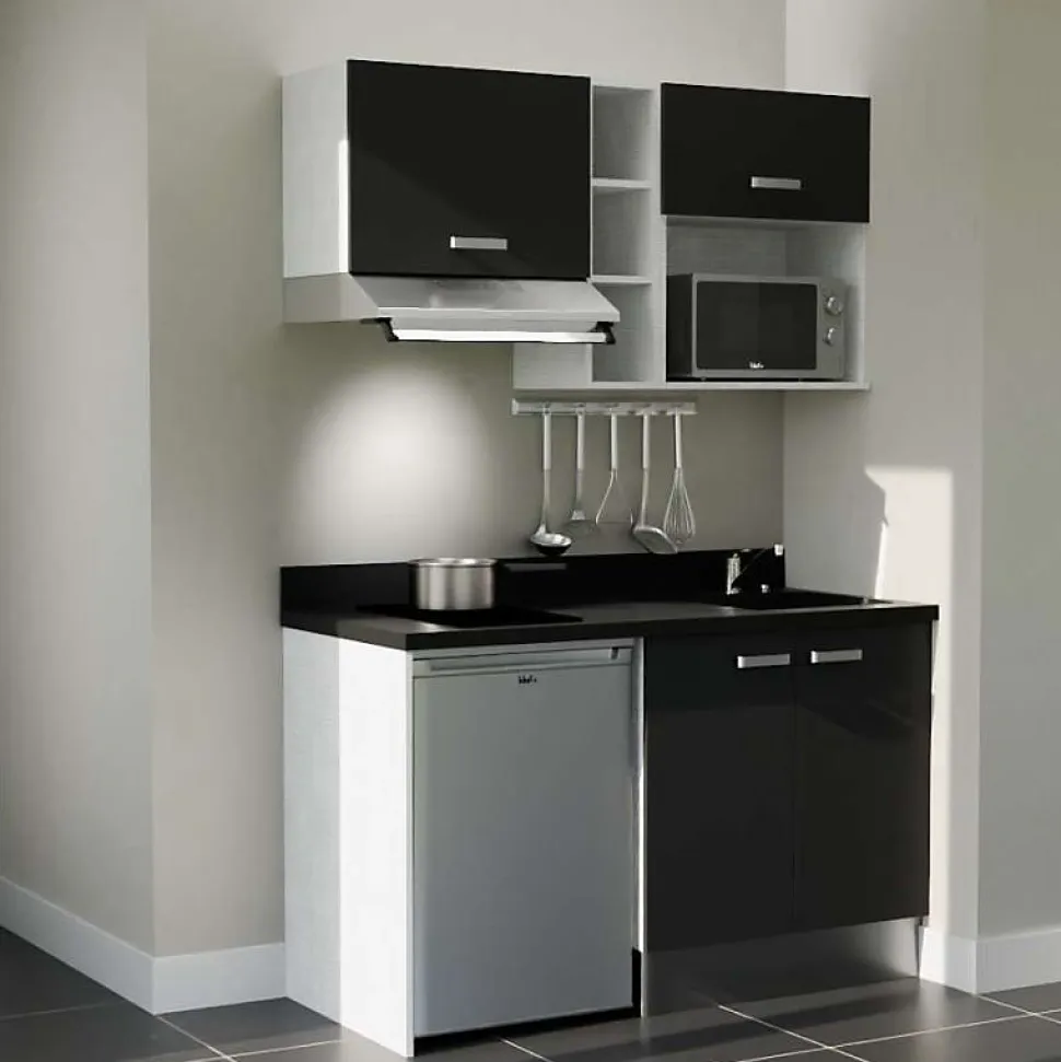 Kitchenette K13 - 140 cm - façades Noir - Plan monobloc en quartz coloris Nero évier à droite