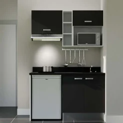 Kitchenette K13 - 140 cm - façades Noir - Plan monobloc en quartz coloris Nero évier à droite