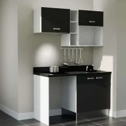 Kitchenette K13 - 140 cm - façades Noir - Plan monobloc en quartz coloris Nero évier à droite