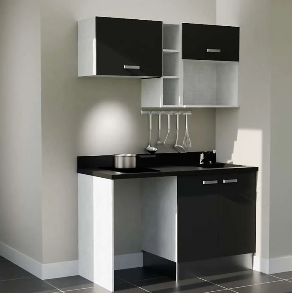 Kitchenette K13 - 140 cm - façades Noir - Plan monobloc en quartz coloris Nero évier à droite