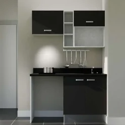 Kitchenette K13 - 140 cm - façades Noir - Plan monobloc en quartz coloris Nero évier à droite