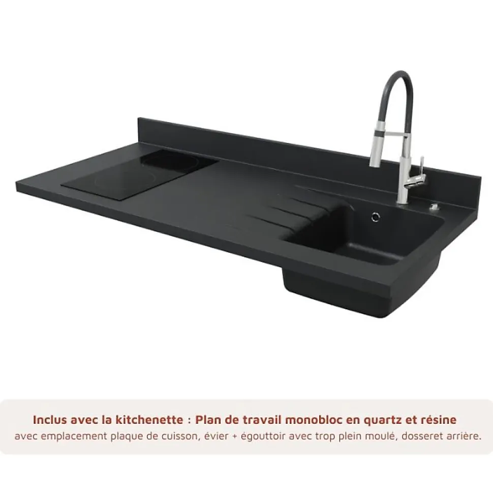 Kitchenette K13 - 140 cm - façades Noir - Plan monobloc en quartz coloris Nero évier à droite