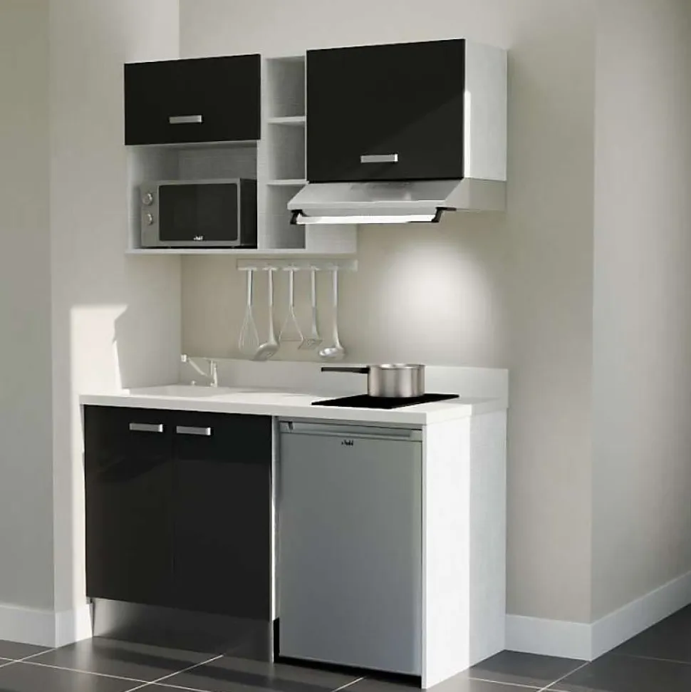 Kitchenette K13 - 140 cm - façades Noir - Plan monobloc en quartz coloris Snova évier à gauche