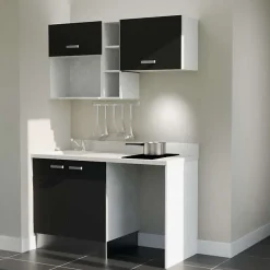 Kitchenette K13 - 140 cm - façades Noir - Plan monobloc en quartz coloris Snova évier à gauche
