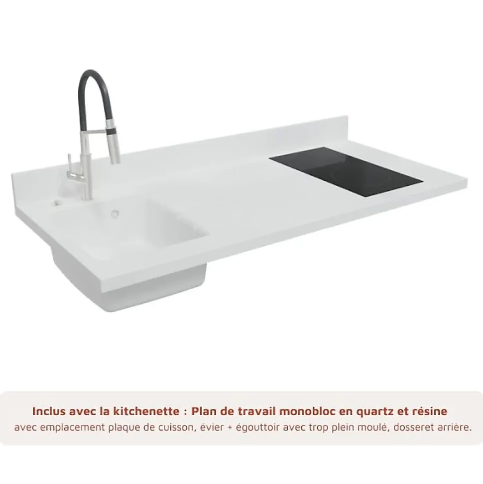 Kitchenette K13 - 140 cm - façades Noir - Plan monobloc en quartz coloris Snova évier à gauche