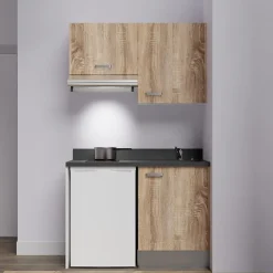 Kitchenette K01 - 120 cm - façades Bois - Plan monobloc en quartz coloris Nero évier à droite