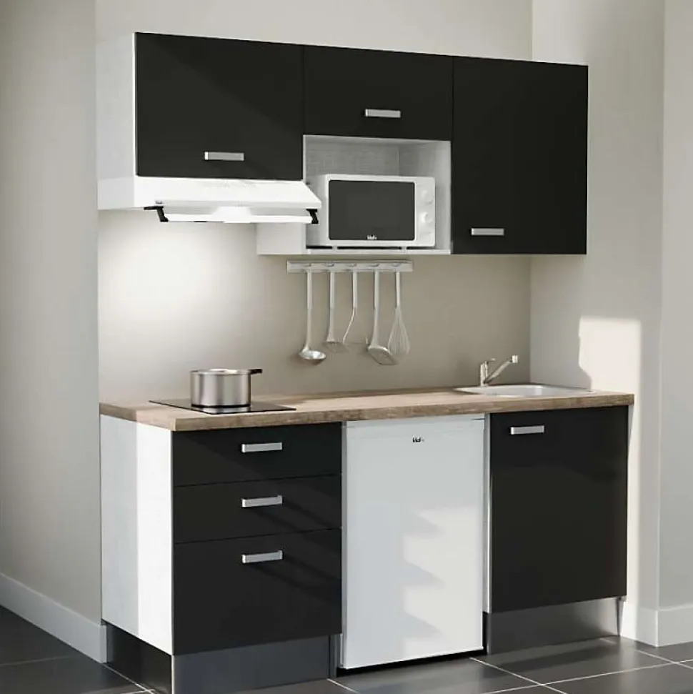 Kitchenette K20 - 180 cm - Façades : Noir - Plan de travail : Bois - Crédences : Non - Evier