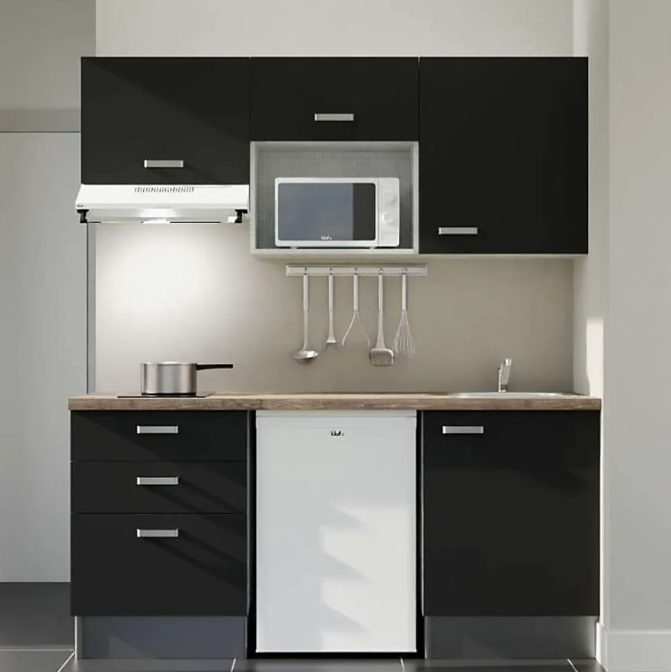 Kitchenette K20 - 180 cm - Façades : Noir - Plan de travail : Bois - Crédences : Non - Evier