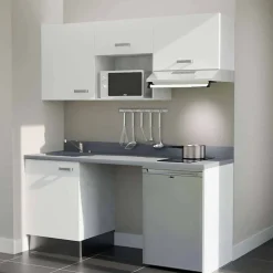 Kitchenette K55 - 180 cm - façades Blanc - Plan monobloc en quartz coloris Cromo évier à gauche - Electroménager Inox