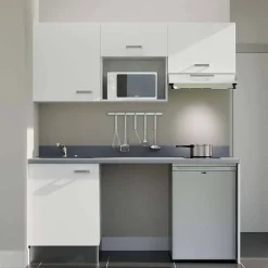 Kitchenette K55 - 180 cm - façades Blanc - Plan monobloc en quartz coloris Cromo évier à gauche - Electroménager Inox