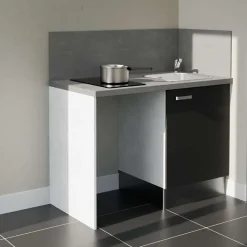 Kitchenette K08 - 120 cm - Façades : Noir - Plan de travail : Gris béton - Crédences : Oui - Evier Inox