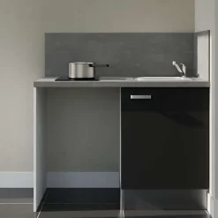 Kitchenette K08 - 120 cm - Façades : Noir - Plan de travail : Gris béton - Crédences : Oui - Evier Inox