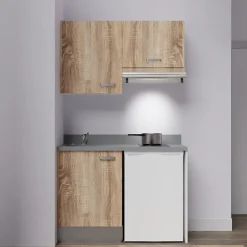 Kitchenette K01 - 120 cm - façades Bois - Plan monobloc en quartz coloris Cromo évier à gauche