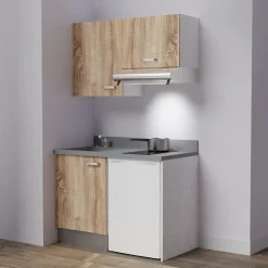 Kitchenette K01 - 120 cm - façades Bois - Plan monobloc en quartz coloris Cromo évier à gauche