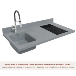 Kitchenette K01 - 120 cm - façades Bois - Plan monobloc en quartz coloris Cromo évier à gauche