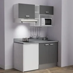 Kitchenette K13 - 140 cm - façades Gris - Plan monobloc en quartz coloris Cromo évier à droite