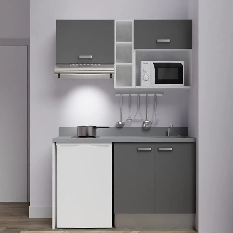 Kitchenette K13 - 140 cm - façades Gris - Plan monobloc en quartz coloris Cromo évier à droite