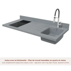 Kitchenette K13 - 140 cm - façades Gris - Plan monobloc en quartz coloris Cromo évier à droite