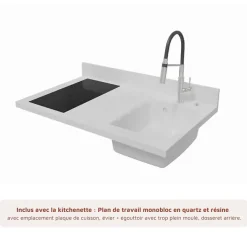 Kitchenette K00 - 100 cm - façades Bois - Plan monobloc en quartz coloris Snova évier à droite