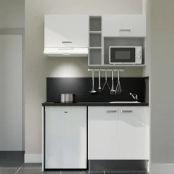 Kitchenette K13 façades Blanc - Plan de travail Noir texturé - Crédences : Oui - Evier inox - Electroménager Blanc inclus