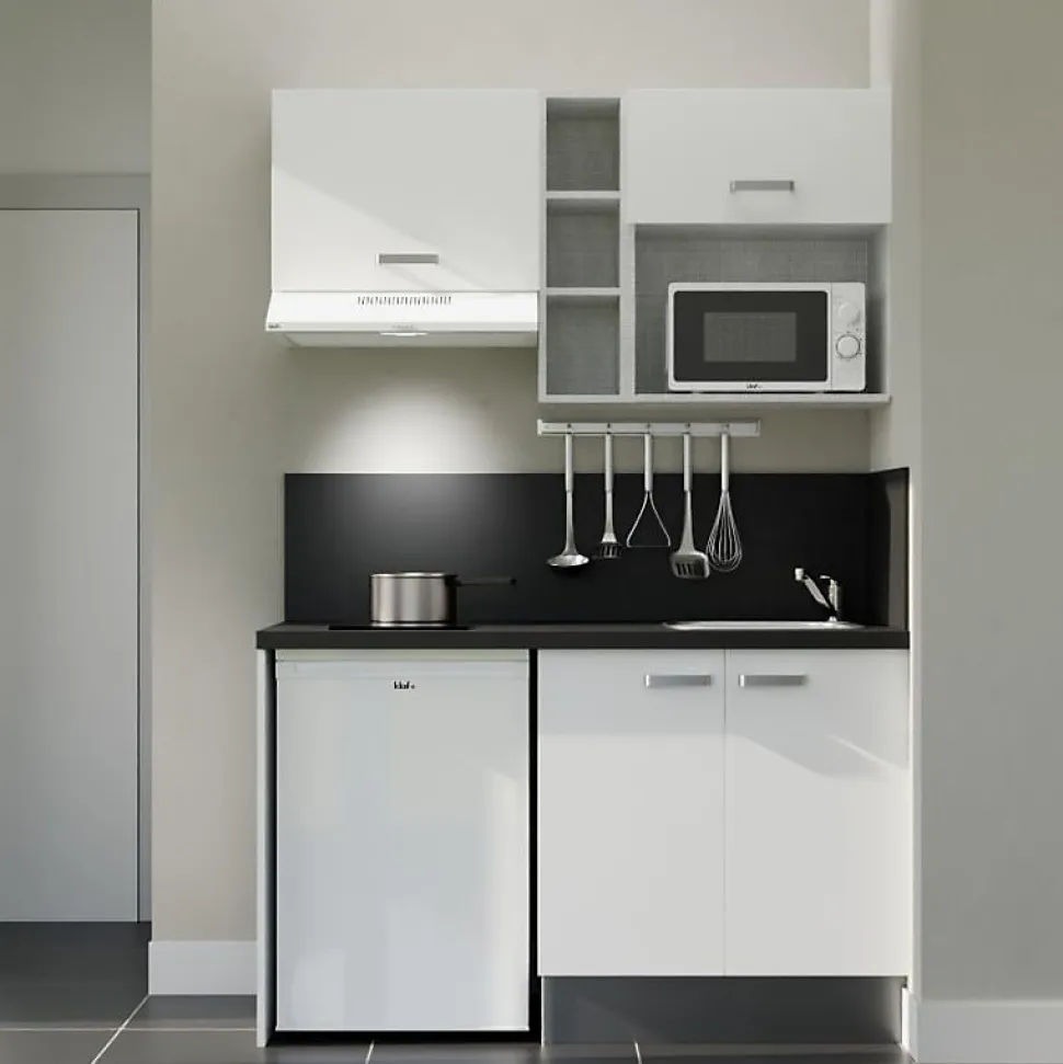Kitchenette K13 façades Blanc - Plan de travail Noir texturé - Crédences : Oui - Evier inox - Electroménager Blanc inclus