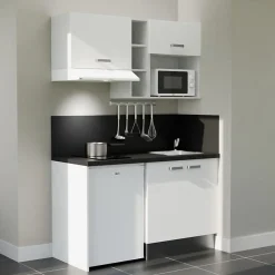 Kitchenette K13 façades Blanc - Plan de travail Noir texturé - Crédences : Oui - Evier inox - Electroménager Blanc inclus