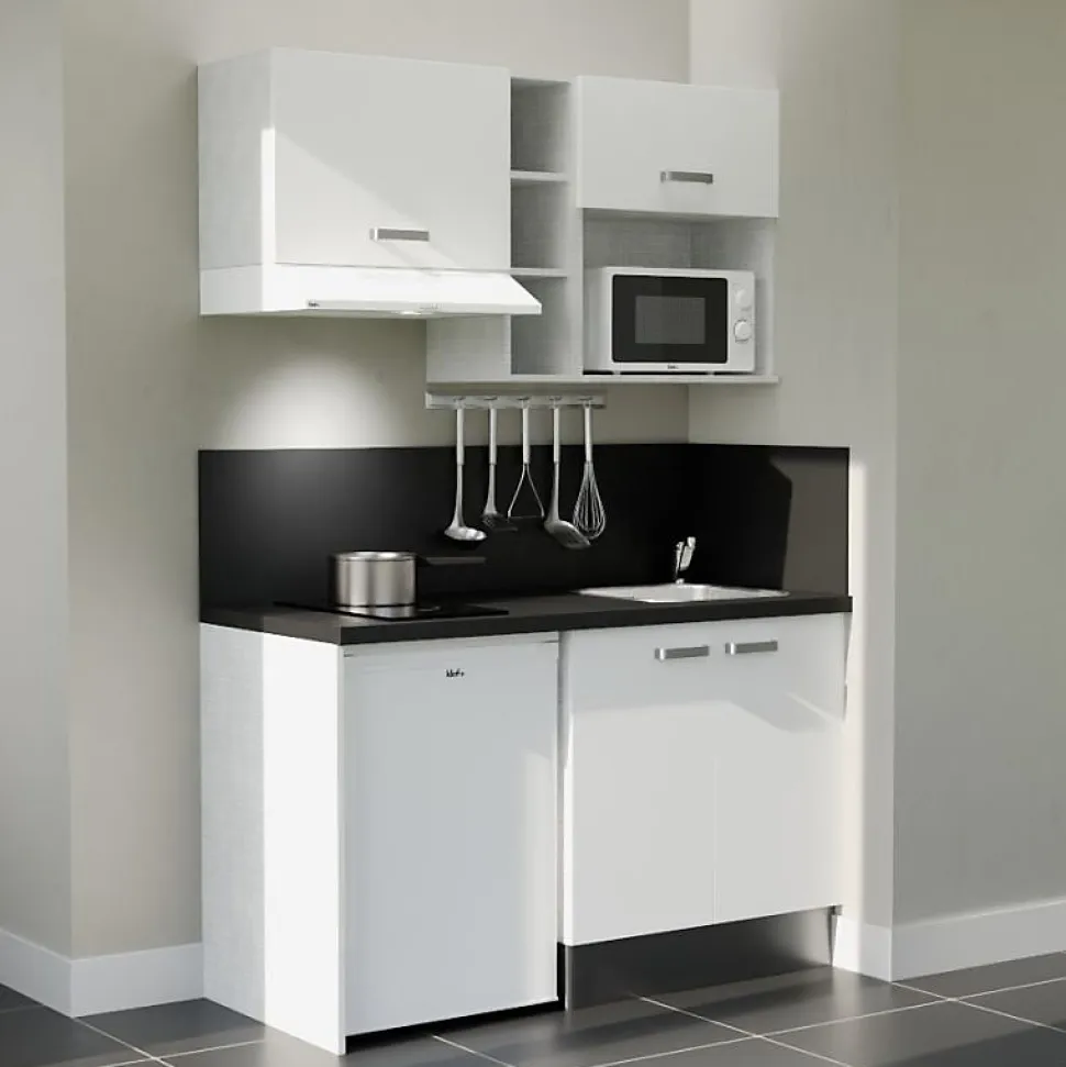 Kitchenette K13 façades Blanc - Plan de travail Noir texturé - Crédences : Oui - Evier inox - Electroménager Blanc inclus