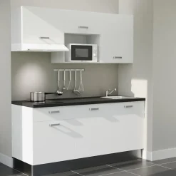 Kitchenette K30 façades Blanc - Plan de travail Noir texturé - Crédences : Non - Evier inox - Electroménager Blanc inclus