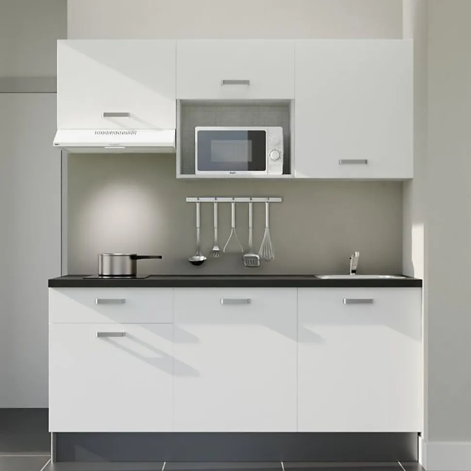 Kitchenette K30 façades Blanc - Plan de travail Noir texturé - Crédences : Non - Evier inox - Electroménager Blanc inclus