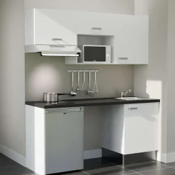 Kitchenette K55 façades Blanc - Plan de travail Noir texturé - Crédences : Non - Evier inox - Electroménager Inox inclus